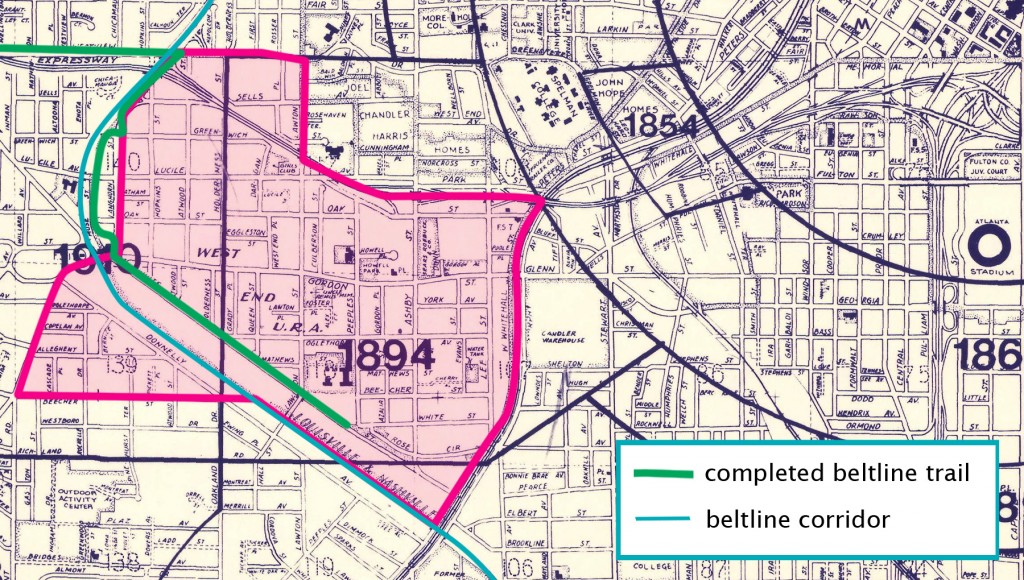 West End neighborhood boundaries and the Beltline shown on a 1961 Annexation map of Atlanta