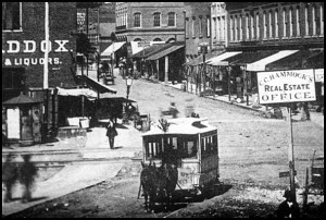 A mule drawn streetcar on Whitehall St. in downtown Atlanta, 1872.